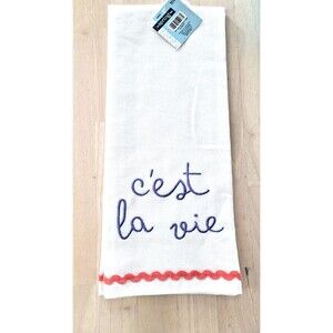 Set 2 Kitchen C’est La Vie Tea Towels Embroidered Set White, Purple Pink NEW